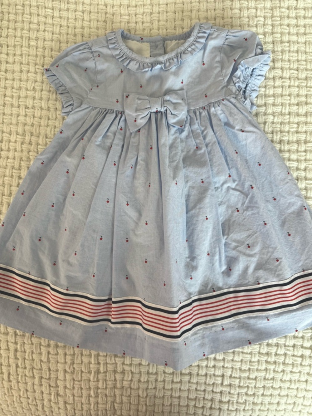 Janie and Jack Light Blue Bow-Front Cotton Dress with Red Cherry Accents
